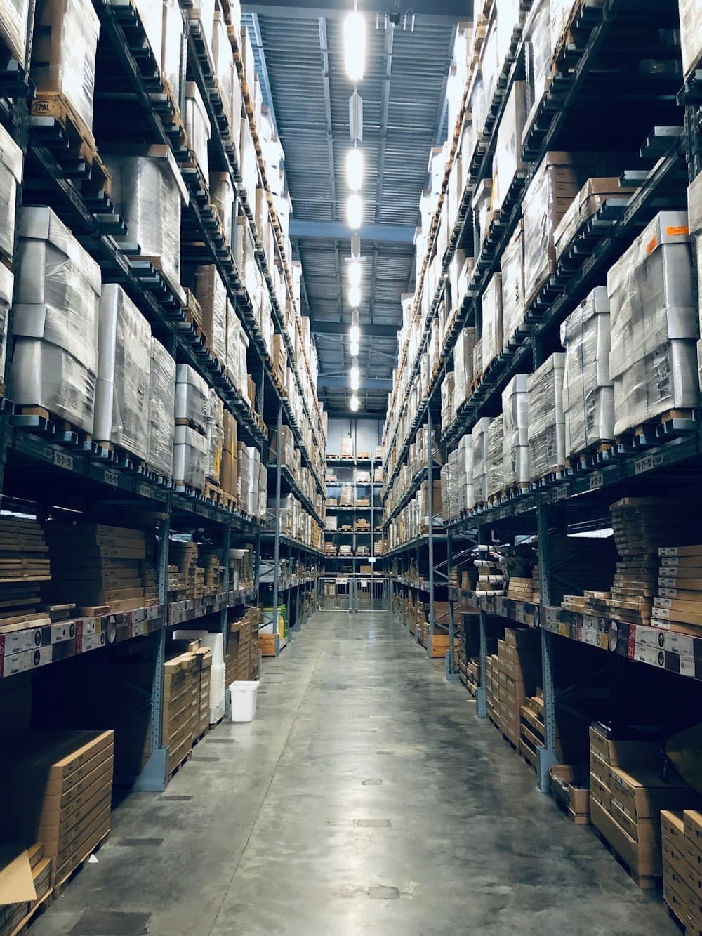 Racked storage aisle in a building materials warehouse