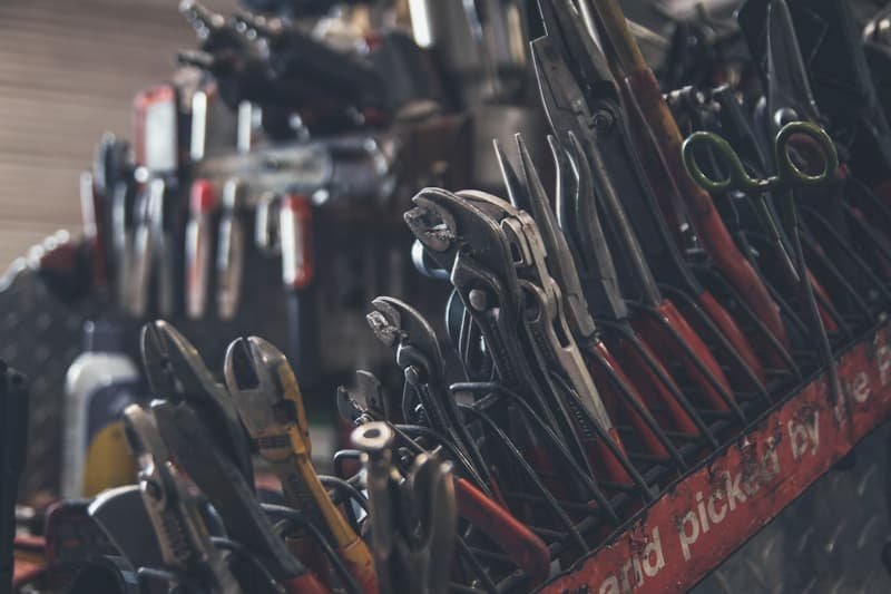 Hand tools racked on a hardware store display