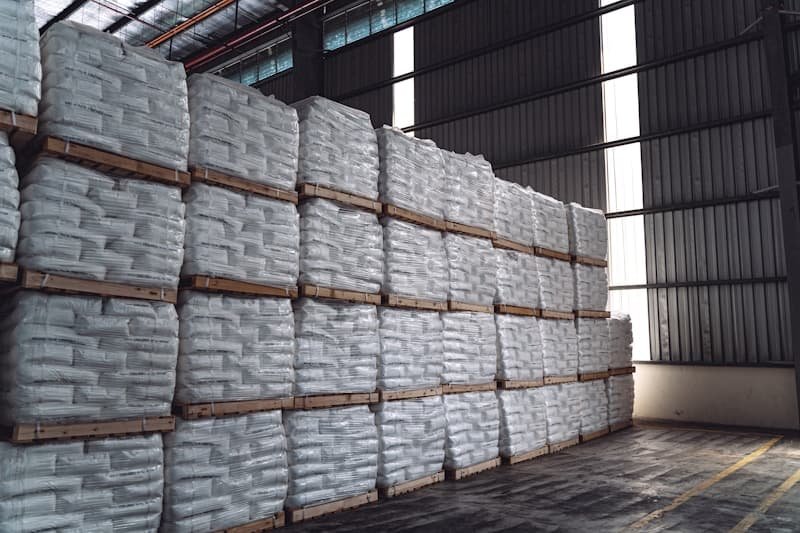Palletised cement bags stacked in a supply warehouse