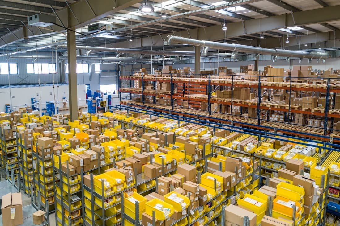 Industrial warehouse interior with racked pallets